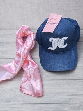 💖🖤JUICY COUTURE- Denim Hat & Satin Scarf/ Twilly Bundle (NWT!)